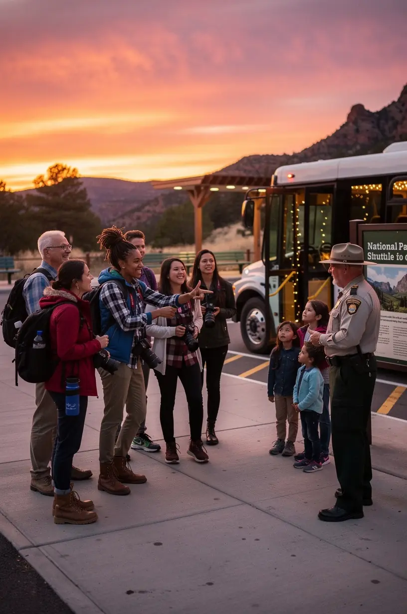 Пассажиры садятся в шаттл на фоне национального парка США, готовясь к путешествию с арендованным снаряжением.