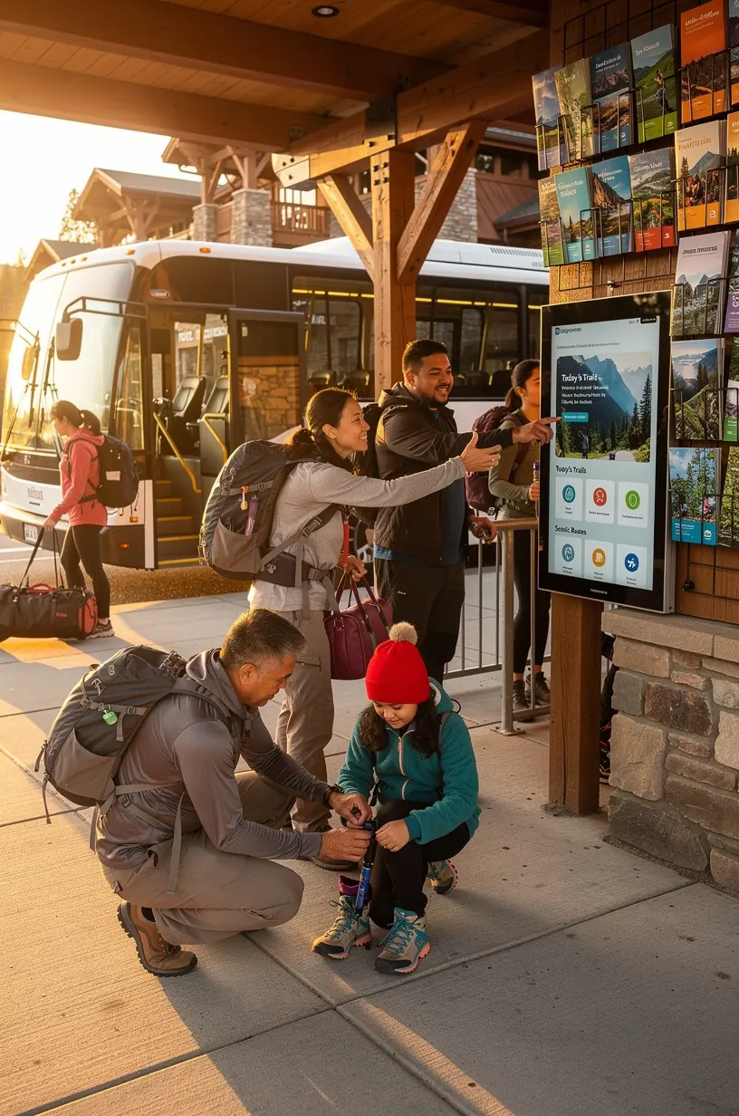 Подробная карта маршрутов национальных парков США с обозначением доступных шаттлов и пунктов аренды снаряжения.