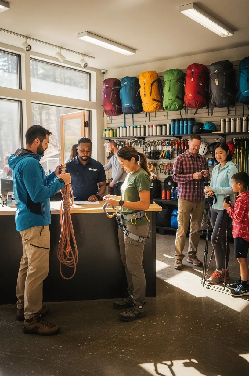 Турист с рюкзаком и арендованным туристическим снаряжением стоит рядом с шаттлом, готовясь к экскурсии по национальным паркам.